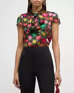 NWT $350 ALICE + OLIVIA Jeannie Bow Cap-Sleeve Burnout Blouse XS - Picture 1 of 5