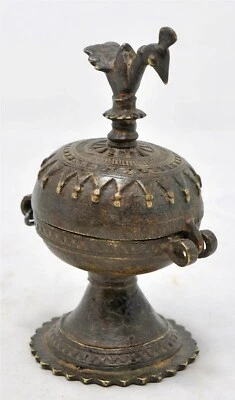 Antique Brass Kum Kum Powder Tika Box Original Old Hand Crafted Engraved - Image 1 of 4