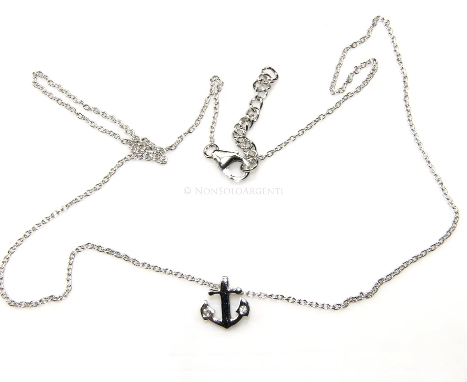 COLLANA ARGENTO 925 COLLIER DONNA UOMO GIROCOLLO ANCORA PASSANTE ZIRCONI BIANCHI - Immagine 1 di 1