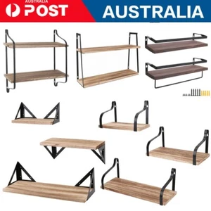 Tiered Floating Shelves Bracket Bookshelf Wall Mounted Rack Storage Metal Wooden - Picture 1 of 22