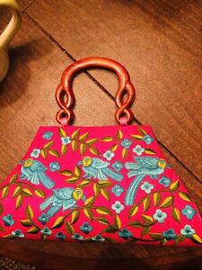 Pink  turquoise green Leaves brown handle Embroidered Birds medium purse