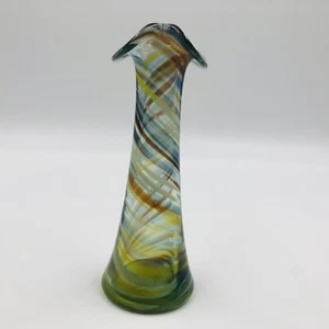 Vtg Hand Blown Art Studio Glass 6” Bud Vase Blue Brown Green Swirl Crimped Rim - Picture 1 of 7