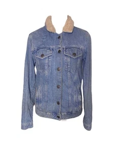 Topshop Moto Light Blue Borg Shearling Lined Denim Jacket Size 6 Winter Boho VGC - Picture 1 of 4