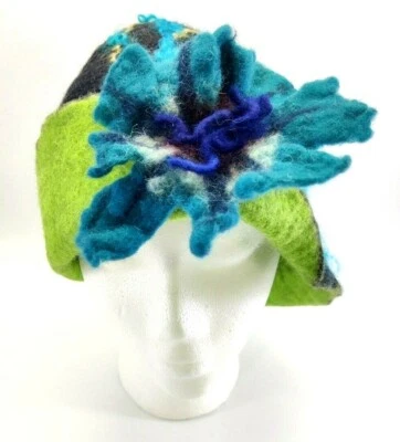 Sombrero Arte Fieltro Lana Hecho a Mano Verde Azul Flor Foto 1 de 4