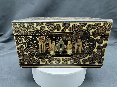 古董中国漆面镀金雕像装饰木盒手绘清代 — 第 1/4 张图片