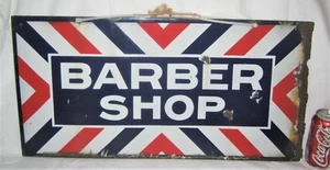 ANTIQUE BARBER SHOP DOUBLE SIDED PORCELAIN SIGN HAIR SHAVE ART MAN TOOL US STEEL - Picture 1 of 11