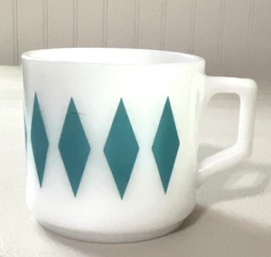 Vntg Fire King Glass Mug Cup Harlequin Diamond Turquoise Teal Blue Aqua D Handle - Picture 1 of 7