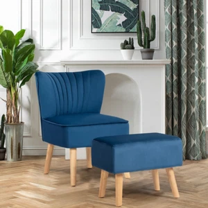 Accent Chair and Ottoman Thick Padded Velvet Tufted Sofa Set Wooden Legs Blue - Picture 1 of 12