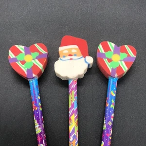 Vintage Lisa Frank Christmas Pencils With Eraser Toppers Santa Heart Shaped Gift - Picture 1 of 14