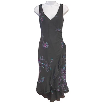 Y2k Jones New York Silk Romantic Floral Ruffle Dress Black Elegant Evening Midi - Image 1 of 4