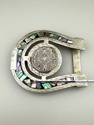 Mexican Alpaca Abalone Aztec Calendar Horseshoe Belt Buckle 58.26g - Image 1 of 4