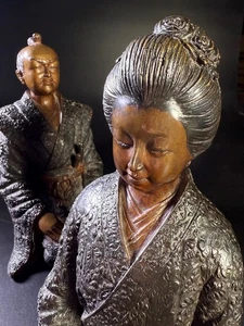 Antique Pair of Japanese Geisha and Samurai Bronze Sculpture Circa 1910s - Picture 1 of 11