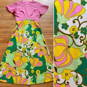 1970s PSYCHEDELIC PINK DRESS Vintage Polyester Handmade Flutter Sleeves M/L - Picture 1 of 12