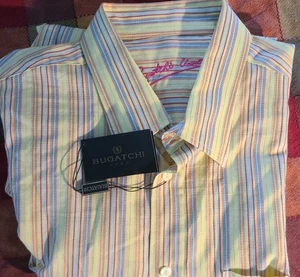Bugatchi Shirt Mens XL Dandelion Yellow Striped Print Shaped Fit Flip Cuffs NWT - Picture 1 of 16
