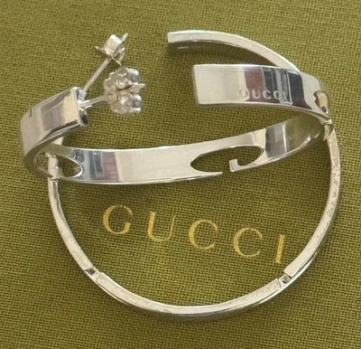 Pendientes de aro Gucci con logotipo G grandes de 1 3/4" de plata de ley 925 hechos en Italia Foto 1 de 4