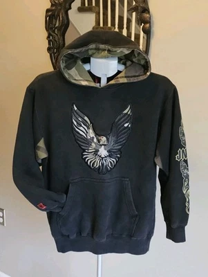 JNCO джинсы винтажный 90-х годов Y2K камуфляж Eagle толстовка с капюшоном молодежи L рукав хиты выцветший черный  - Изображение 1 из 4