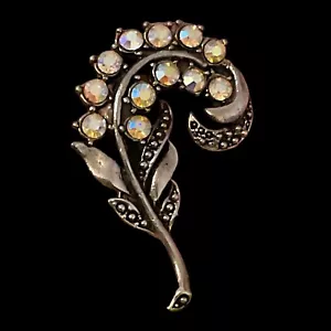 Vintage Silver Tone AB Rhinestone Set Feather Plume Brooch / Lapel Pin - Picture 1 of 3