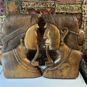 Mid Century Wood Carved Igorot Phillipnes Bust W/ Pipes Plaques- Set Of Two - Picture 1 of 6