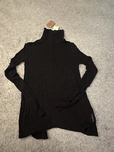 Lucky Brand Womens Linen Turtleneck Tops Medium Black Hi Low Knit Pullover - Picture 1 of 11