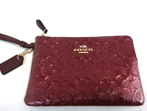 Coach Signature Burgundy Debossed Patent Leather Wristlet - Picture 1 of 5