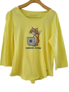 Life is Good Women Yellow Cat Graphic long sleeve tee size Large cat lover - Picture 1 of 6