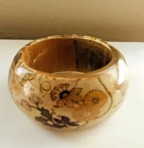 Brown Wood with Flower Fabric Chunky Bangle Bracelet Encased in Acrylic Lucite - Picture 1 of 3