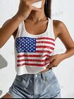 Small American US Flag Print Cropped Casual Sleeveless Tank Top Patriotic S