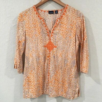 Blusa Westbound Mujer Petite PM Naranja Azteca Bordada Manga 3/4 100% Algodón Foto 1 de 4