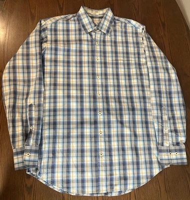 Camisa Peter Millar Weekender lavada a cuadros con botones para hombre mediana azul tostado algodón Foto 1 de 4