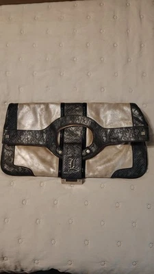 Bolso sin asas L.A.M.B Carlisle plegable de cuero beige/negro metálico Gwen Stefani RARO Foto 1 de 4