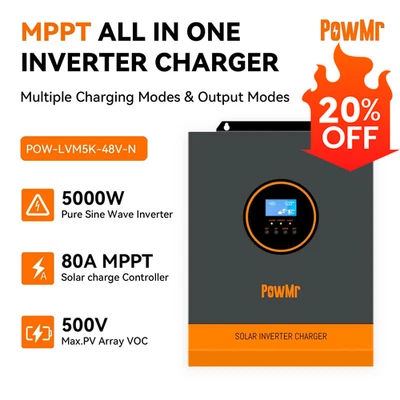 PowMr 5000W Solar Hybrid Inverter 48V DC to 110V AC 80A MPPT Controller PV 500V