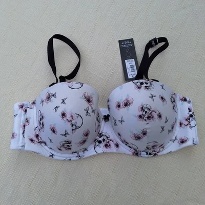 NWT Torrid Curve White Pink Floral Skulls Push-Up Bra 5 Ways 42C Convertable - Image 1 of 4