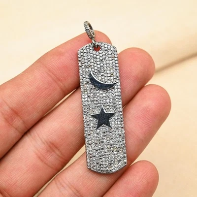 Pave Diamond Pendant 925 Sterling Silver Moon & Star Shape Pendent Jewelry Gift - Image 1 of 4