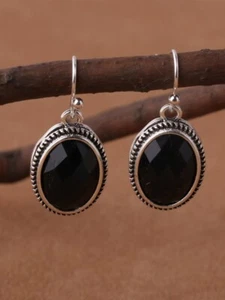 Orecchini pendenti goccia gancio pietra preziosa ovale nero gioielli moda argento nuovi - Foto 1 di 3