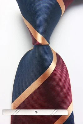 New Classic Striped Blue Red JACQUARD WOVEN 100% Silk Men's Necktie Tie - Image 1 of 4