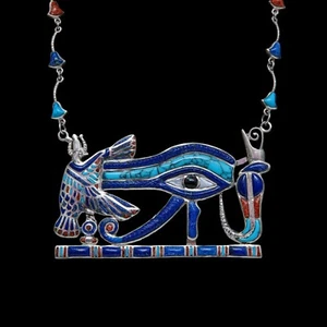 Altägyptische Halskette Antik Auge des Horus Ra Handarbeit Silber und Edelstein - Bild 1 von 10
