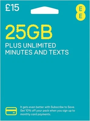 EE Sim Cards, UNLIMITED Calls/Texts 25GB Pay As You Go, NEW OFFICIAL SEALED PACK