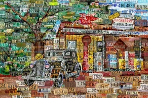 Art Collage Poster Print - Antique Car Gas Station - Made Out Of Car Plates - Picture 1 of 6