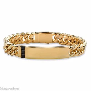 MENS 14K GOLD BLACK ONYX SQUARE CUT 8" CURB LINK BRACELET GP - Picture 1 of 1