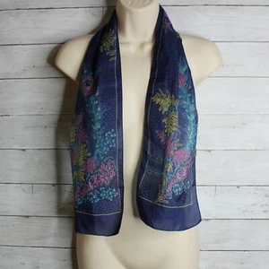 Vintage Damen Seide Mode Schal dunkelblau lila gelb geblümt - Bild 1 von 9