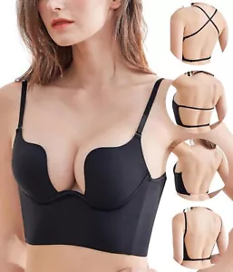 Women Low Back Bra Wire Lifting Deep U Shaped Plunge Backless Bra Push Up Bra. - Picture 1 of 23