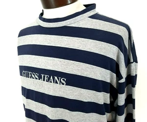 VTG 90’s GUESS JEANS USA T-shirt Blue Gray Striped Boxy L/S Men's L EUC! *RARE * - Picture 1 of 10