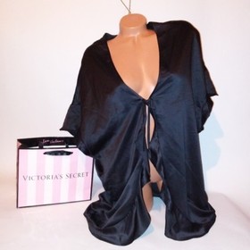 Victoria Secret Robe One Size Sexy Solid Black Ruffle Trim Tie Lingerie Kimono
