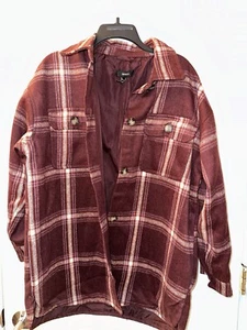 Women Forever 21 Fleece Jacket Shacket Tops Oversize Purple Plaid - Picture 1 of 5