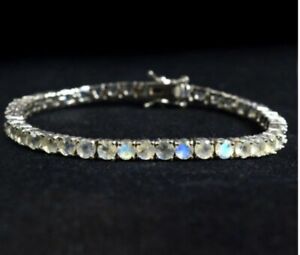 925 Sterling Silver Genuine Round Rainbow Moonstone Tennis Bracelet Jewelry