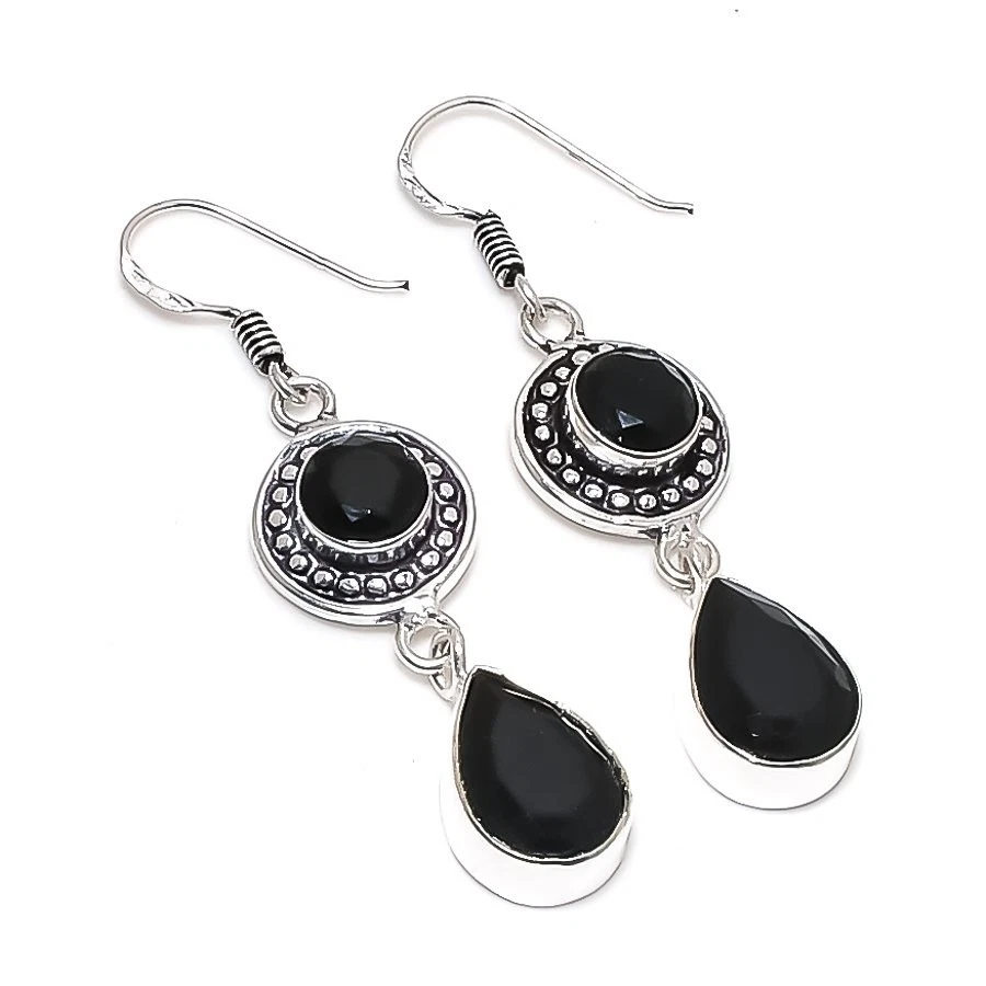 Black Spinel Gemstone Handmade 925 Sterling Silver Jewelry Earring Size 2.2" - Image 1 of 1