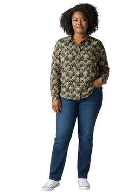Kathy Ireland Essentials Green Floral Button Down Blouse Size L Long Sleeve Top - Image 1 of 4