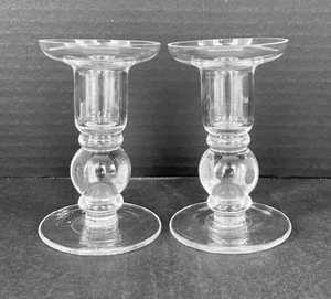 2 Bubble Clear Glass 4" Tall Tapered Candlestick Holders (by White Barn?) MINT - Picture 1 of 5