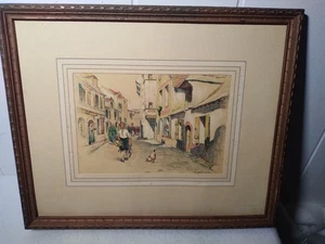 Stampa vintage metà secolo firmata vecchio mondo incorniciata scena di strada opaca 4"x 7" - Foto 1 di 11