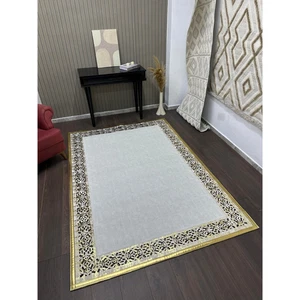 Gold Shimmer Border Rug in Ecru – Laser Cut Leather Edge Carpet - Picture 1 of 4